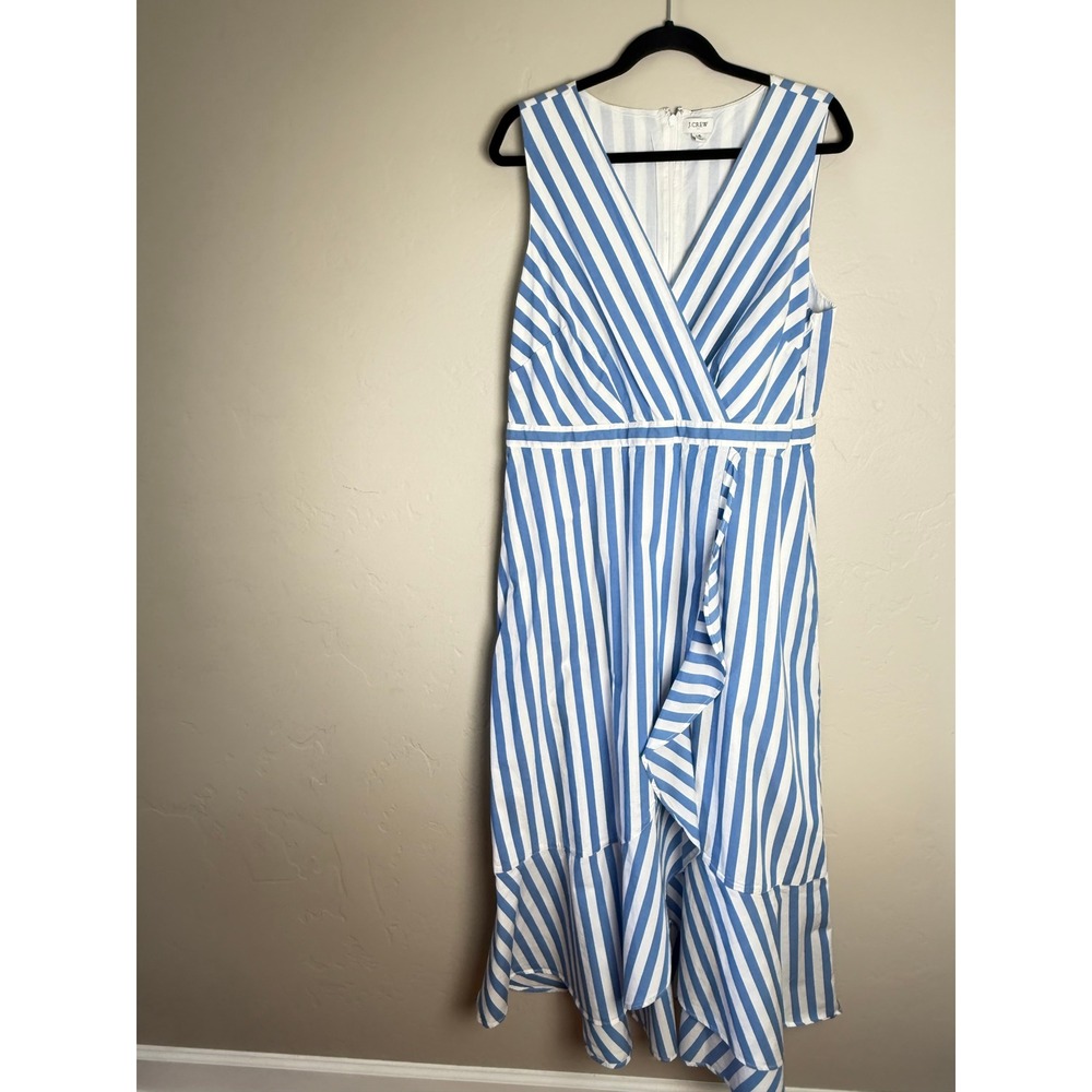 J.Crew‎ Blue Stripe Ruffle V-Neck Cotton Poplin Striped Maxi Dress - Size 16 EUC